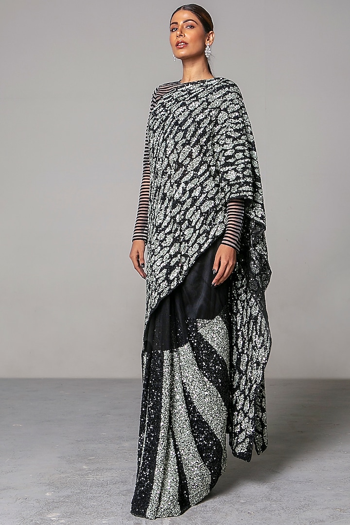 Black & Grey Striped Saree Set Design by Siddartha Tytler at Pernia's ...