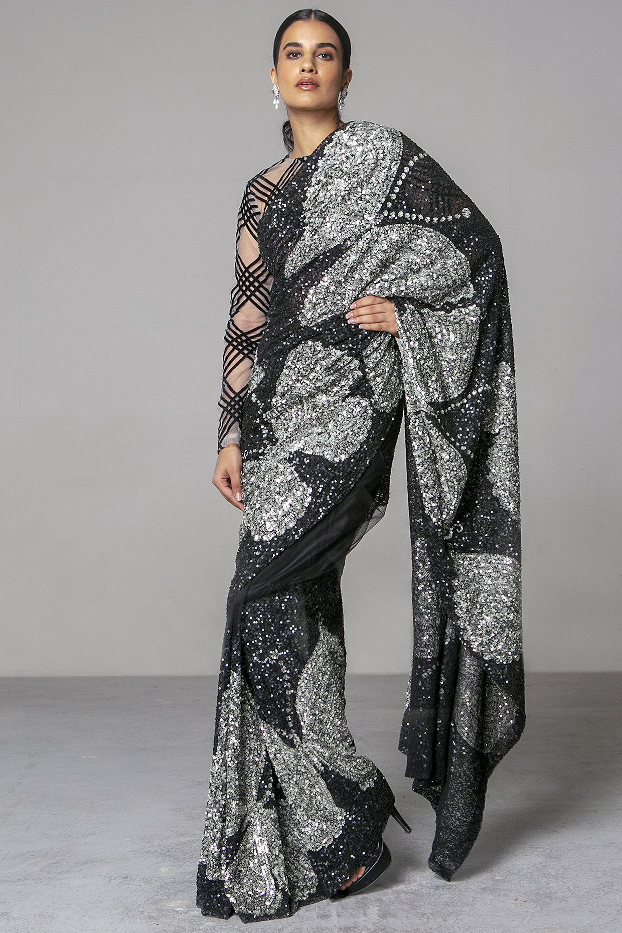 Black & Grey Sequins Reception Saree Set by Siddartha Tytler at Pernia's Pop Up Shop