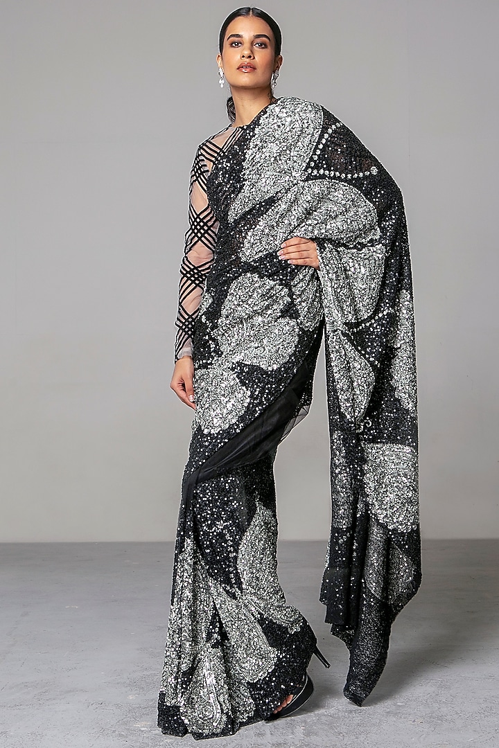 Black & Grey Sequins Saree Set by Siddartha Tytler