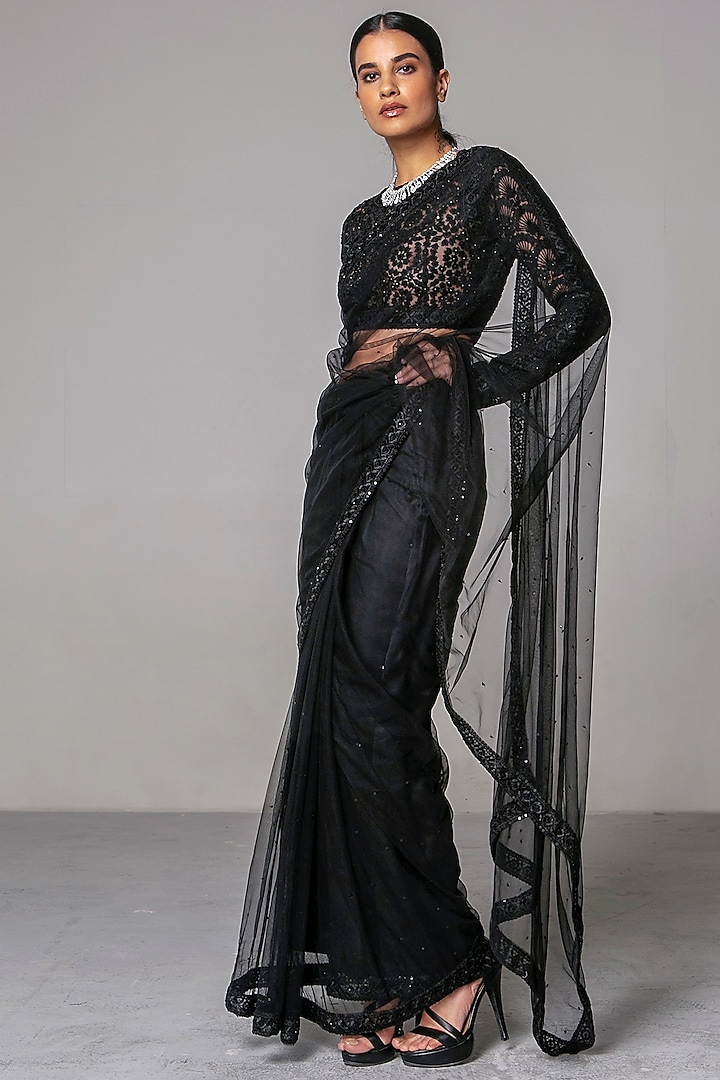 Black Embroidered Saree Set by Siddartha Tytler