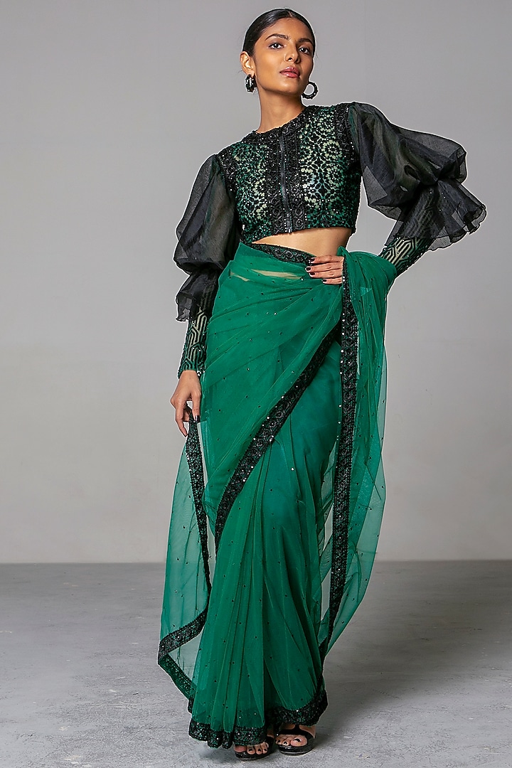 Emerald Green & Black Embroidered Saree Set by Siddartha Tytler