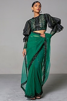 Emerald Green & Black Embroidered Saree Set by Siddartha Tytler-SHOP BY STYLE