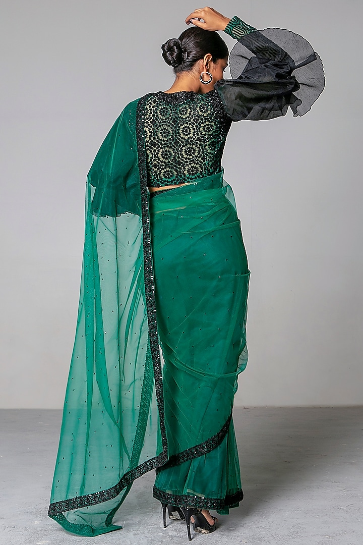 Emerald Green & Black Embroidered Wedding Saree Set by Siddartha Tytler at Pernia's Pop Up Shop