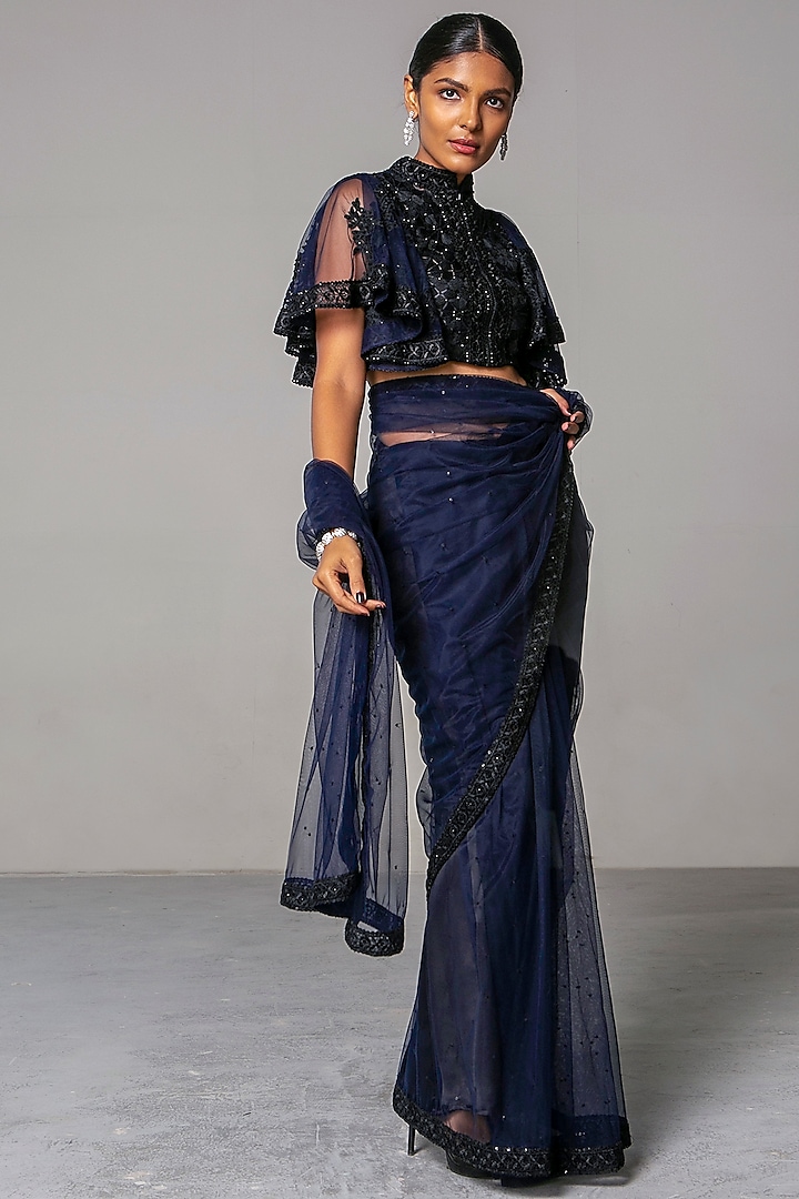 Navy Blue Embroidered Saree Set by Siddartha Tytler