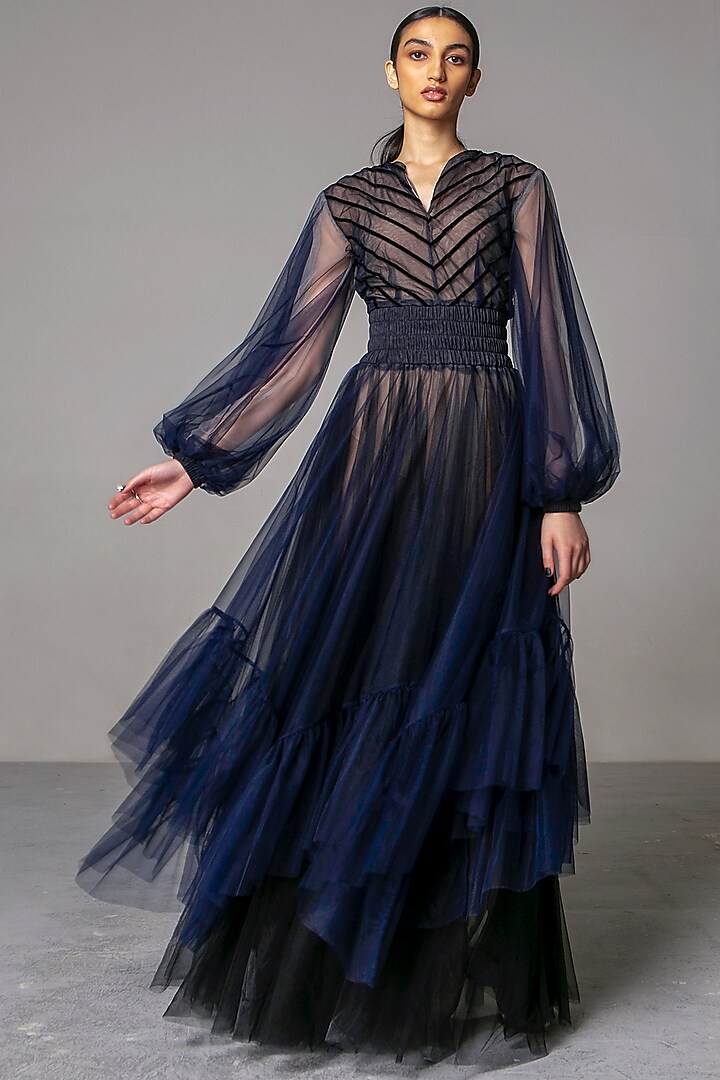 Navy Blue Layered Gown by Siddartha Tytler