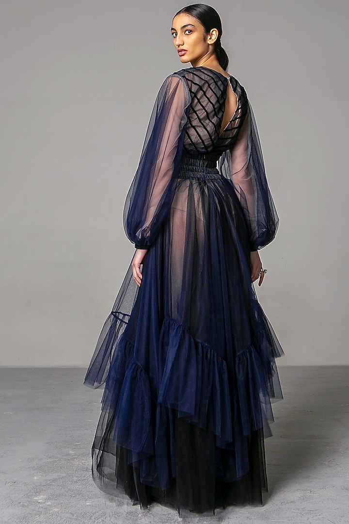 Navy Blue Layered Party Wear Gown by Siddartha Tytler at Pernia's Pop Up Shop