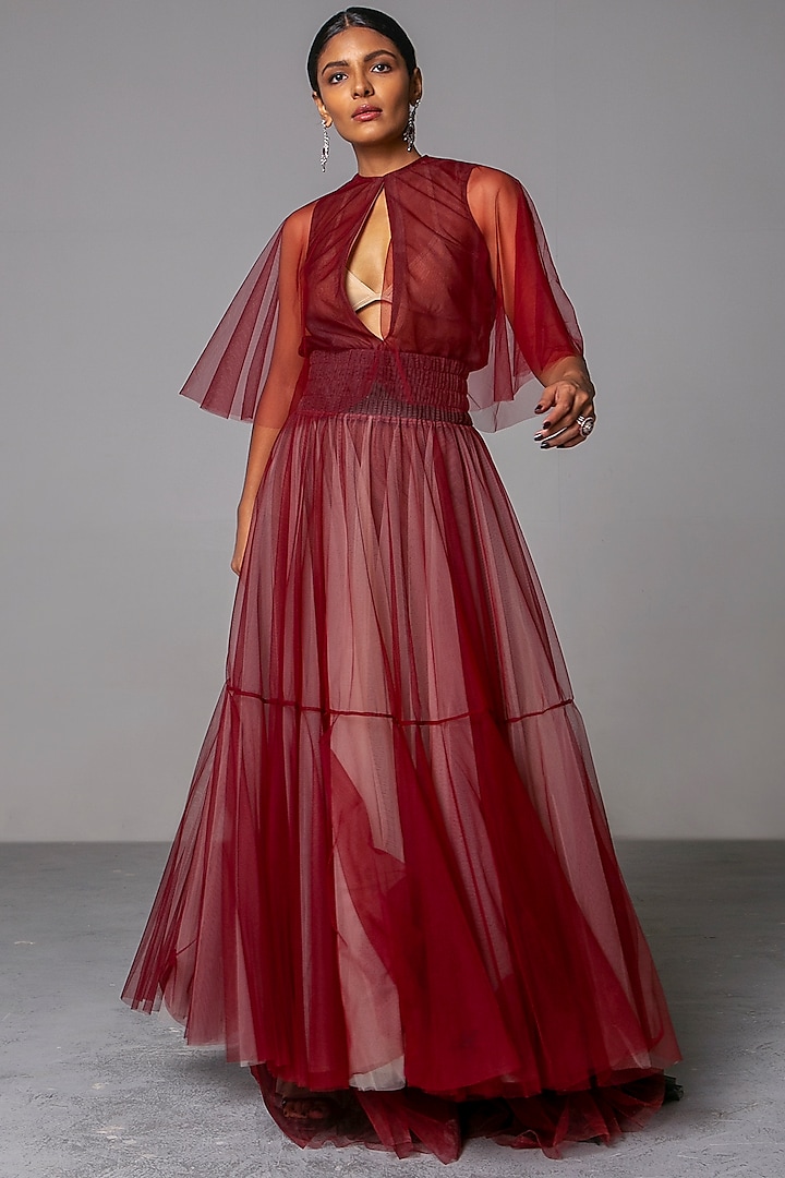 Maroon Layered Gown by Siddartha Tytler