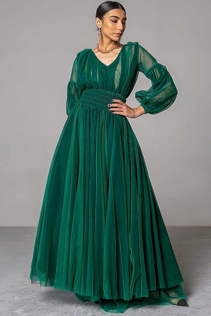 Emerald Green Layered Gown by Siddartha Tytler