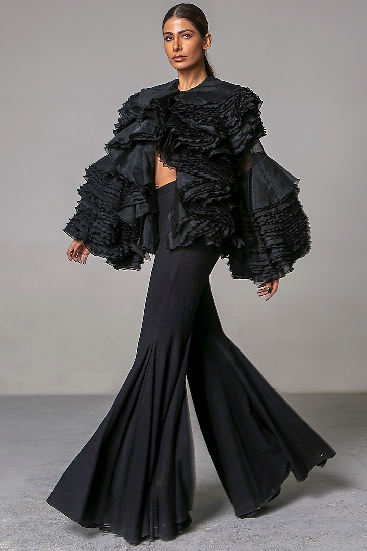Black Ruffled Organza Jacket Design by Siddartha Tytler at Pernia's Pop ...