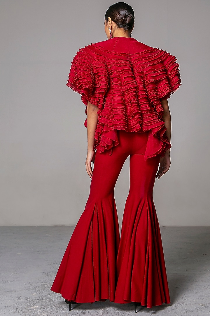 Maroon Ruffled Organza Jacket by Siddartha Tytler at Pernia's Pop Up Shop
