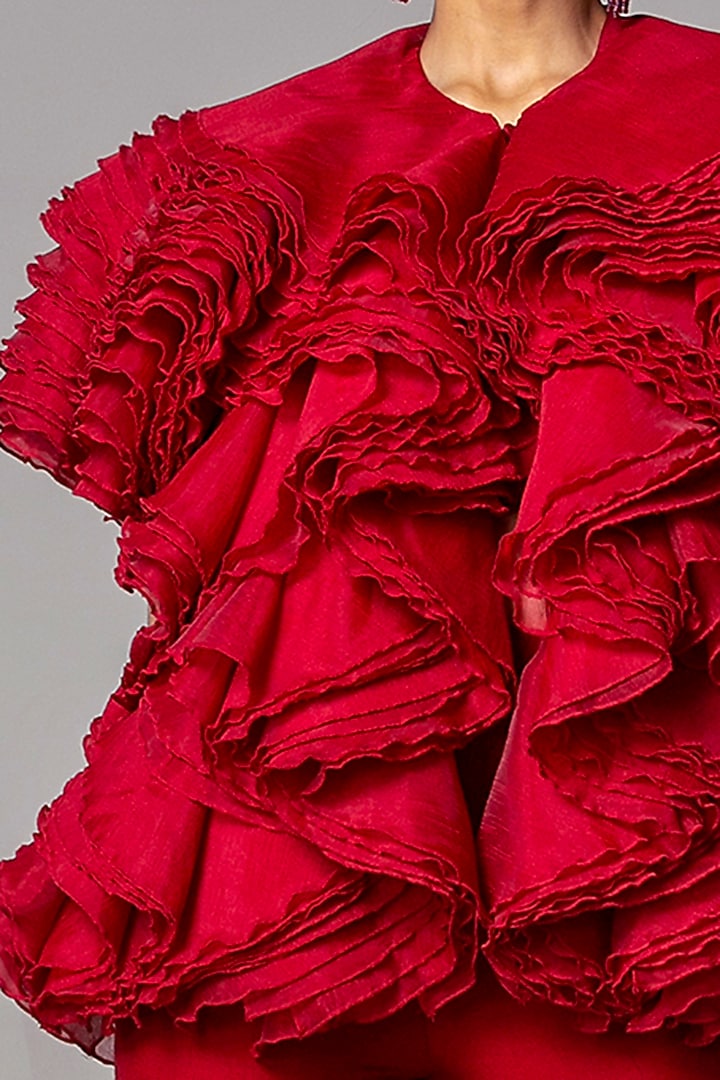 Maroon Ruffled Organza Jacket by Siddartha Tytler at Pernia's Pop Up Shop