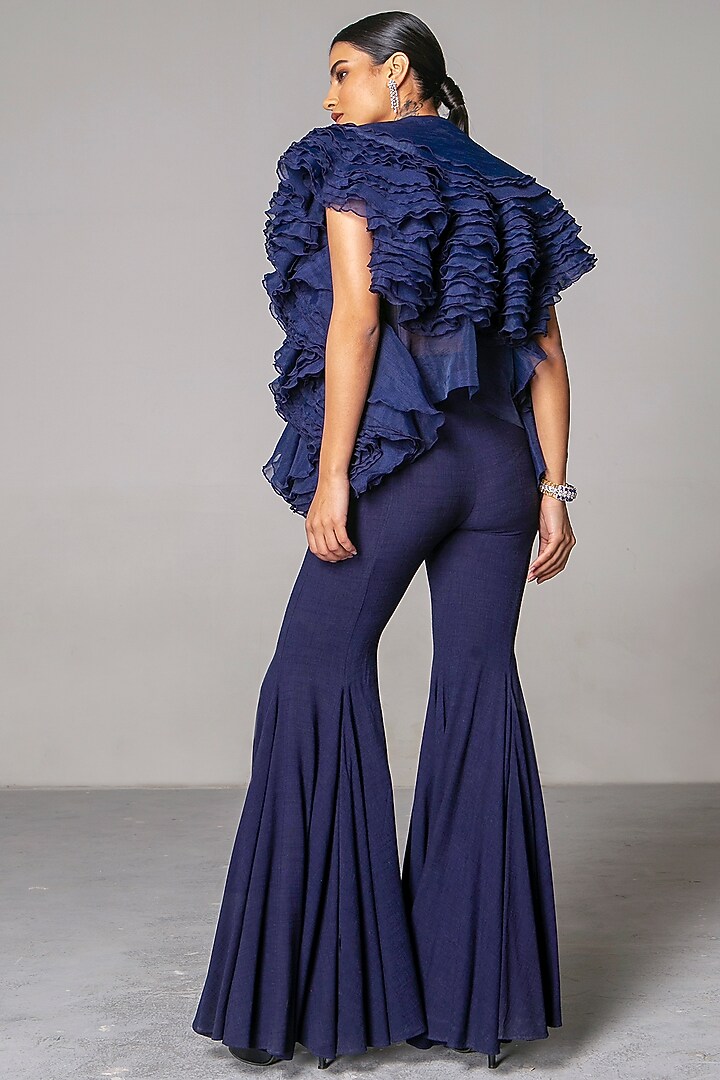 Navy Blue Ruffled Jacket by Siddartha Tytler at Pernia's Pop Up Shop