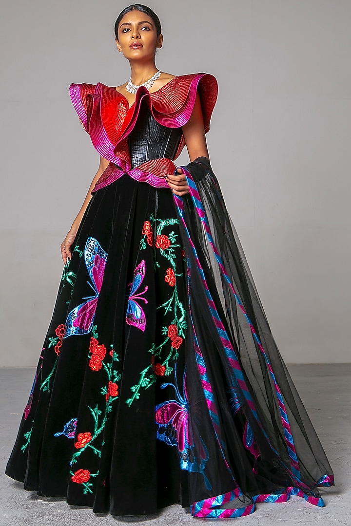 Black Bridal Lehenga Set With Butterflies by Siddartha Tytler at Pernia's Pop Up Shop