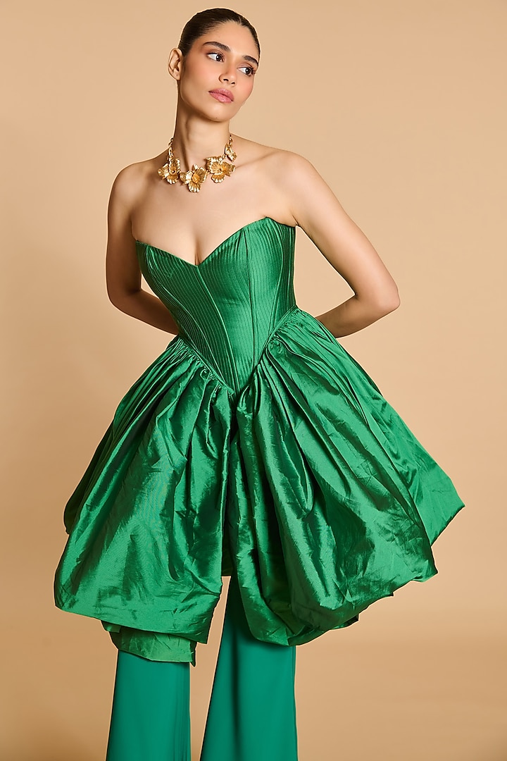 Green Taffeta Bauble Corset With Pants by Siddartha Tytler at Pernia's Pop Up Shop