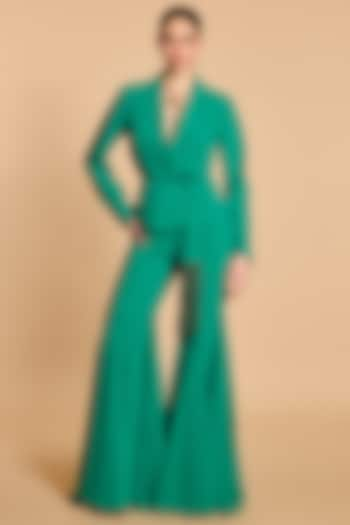 Green Microfiber Wrap Blazer Set by Siddartha Tytler at Pernia's Pop Up Shop