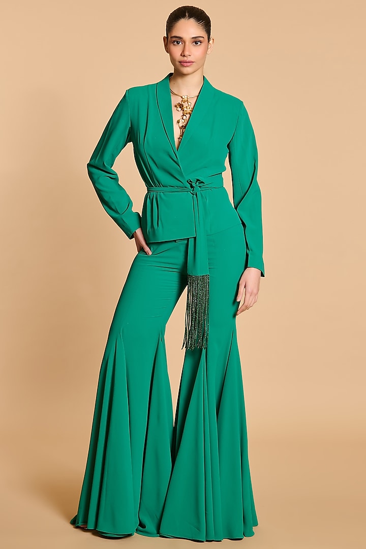 Green Microfiber Wrap Blazer Set by Siddartha Tytler at Pernia's Pop Up Shop