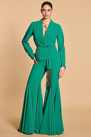Green Microfiber Wrap Blazer Set by Siddartha Tytler