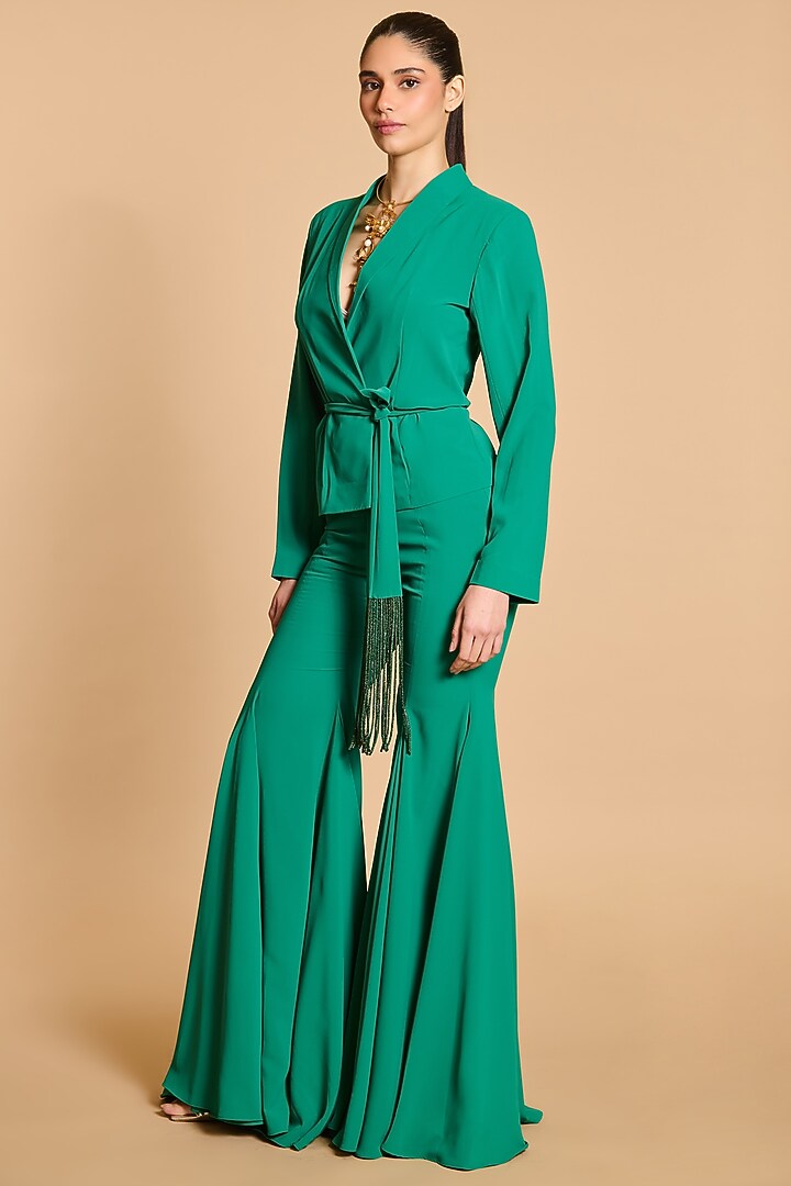 Green Microfiber Wrap Blazer Set by Siddartha Tytler at Pernia's Pop Up Shop