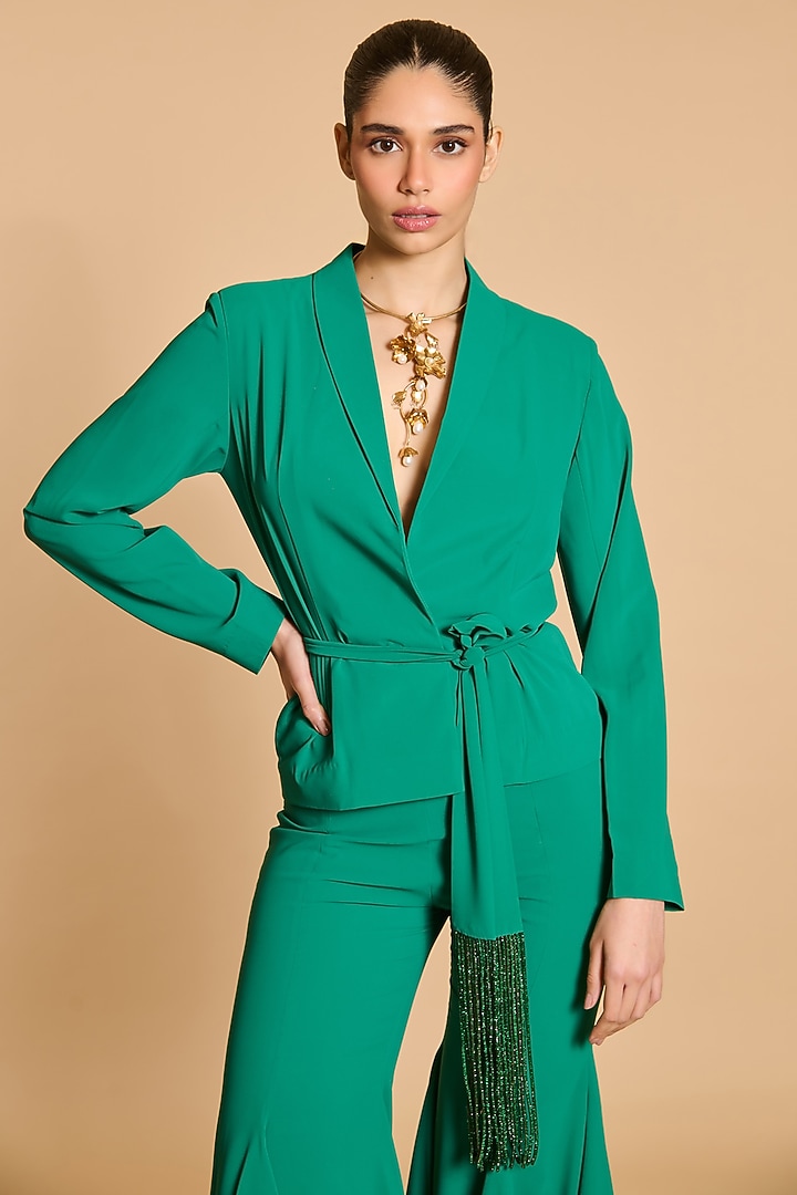 Green Microfiber Wrap Blazer Set by Siddartha Tytler at Pernia's Pop Up Shop