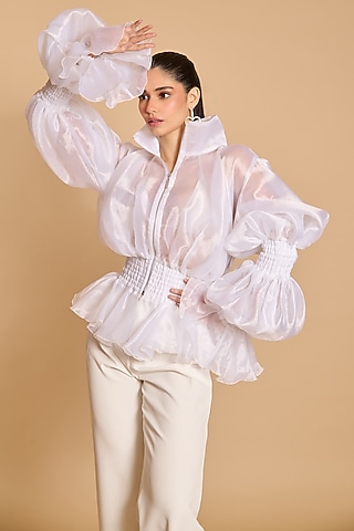 Ivory Organza Tiered Balloon Sleeves Shirt by Siddartha Tytler