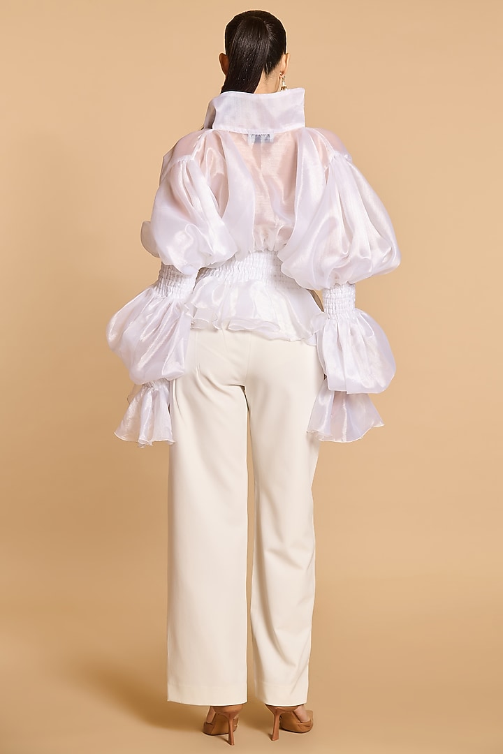 Ivory Organza Tiered Balloon Sleeves Shirt by Siddartha Tytler at Pernia's Pop Up Shop