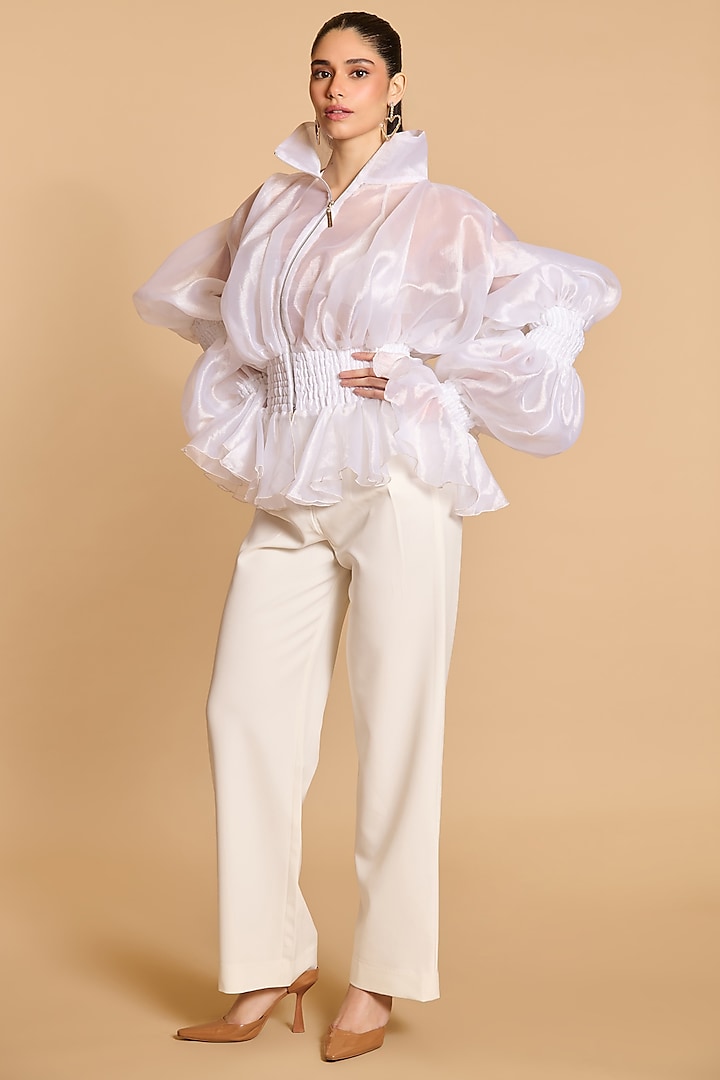 Ivory Organza Tiered Balloon Sleeves Shirt by Siddartha Tytler at Pernia's Pop Up Shop