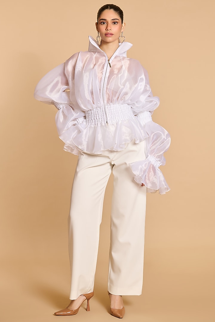 Ivory Organza Tiered Balloon Sleeves Shirt by Siddartha Tytler at Pernia's Pop Up Shop