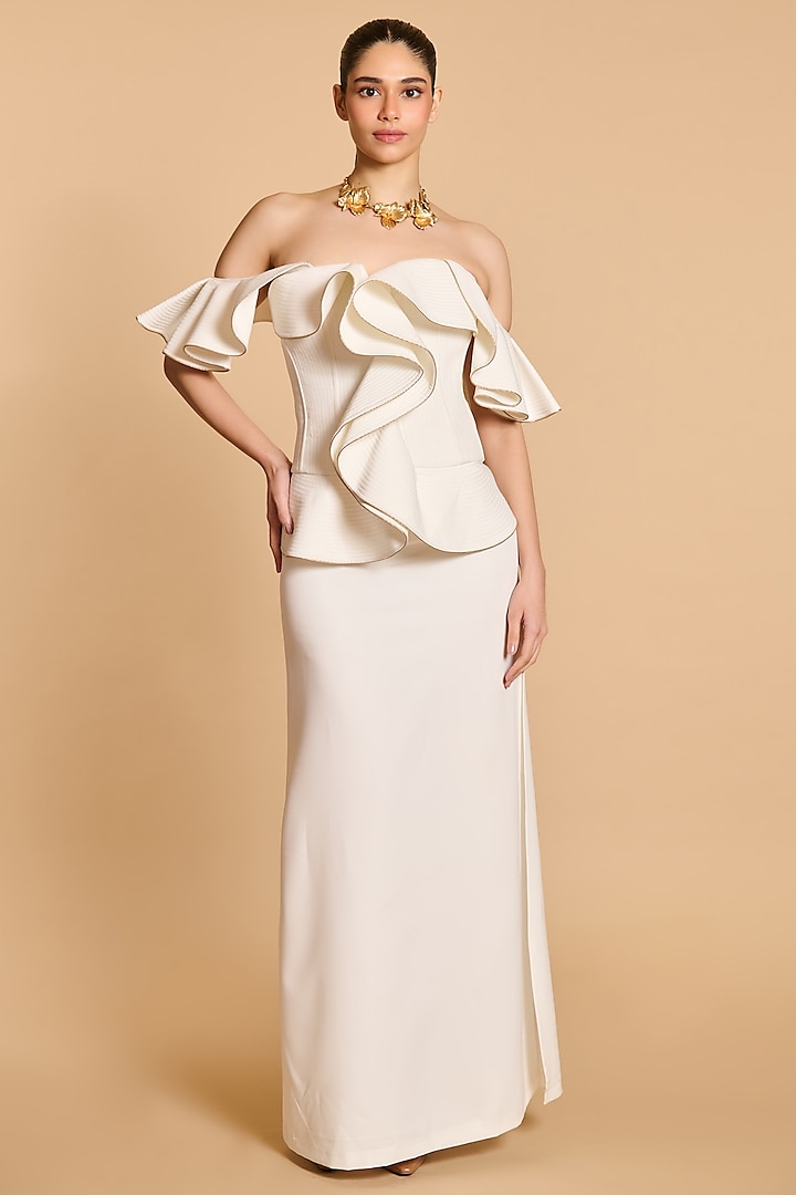 Ivory Microfiber Shoulder Flaps Structural Corset by Siddartha Tytler at Pernia's Pop Up Shop