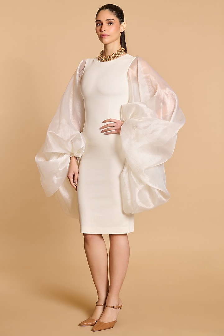 Ivory Knit & Organza Bauble Sleeves Cocktail Dress by Siddartha Tytler at Pernia's Pop Up Shop
