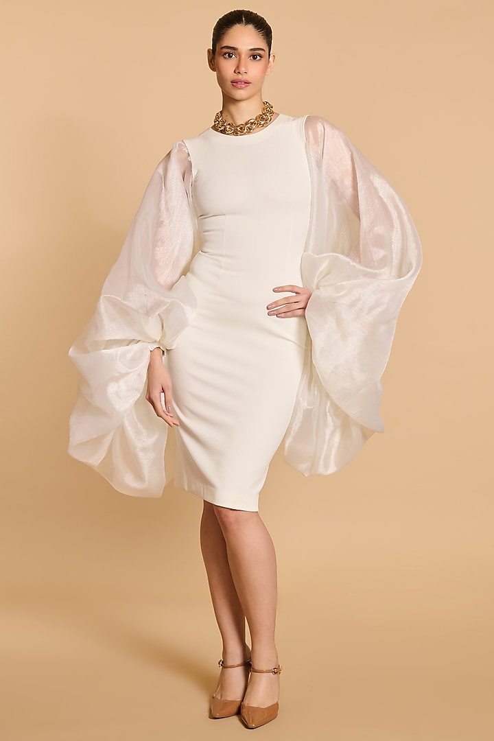 Ivory Knit & Organza Bauble Sleeves Cocktail Dress by Siddartha Tytler at Pernia's Pop Up Shop
