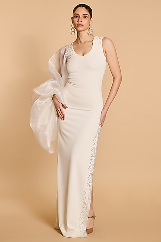 Ivory Knit & Organza One-Shoulder Gown by Siddartha Tytler
