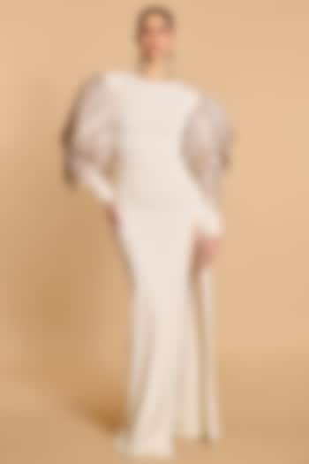 Ivory Knit & Organza Pleated Gown by Siddartha Tytler at Pernia's Pop Up Shop