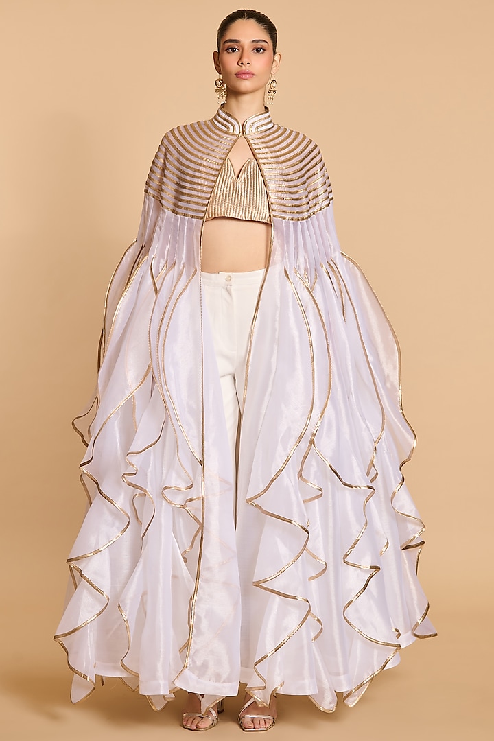 Ivory & Gold Organza Cascade Stripe Work Cape by Siddartha Tytler at Pernia's Pop Up Shop