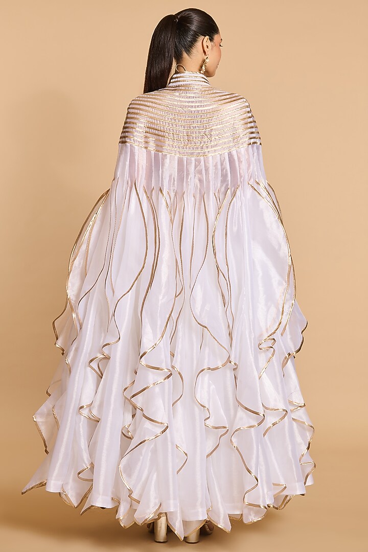 Ivory & Gold Organza Cascade Stripe Work Cape by Siddartha Tytler at Pernia's Pop Up Shop