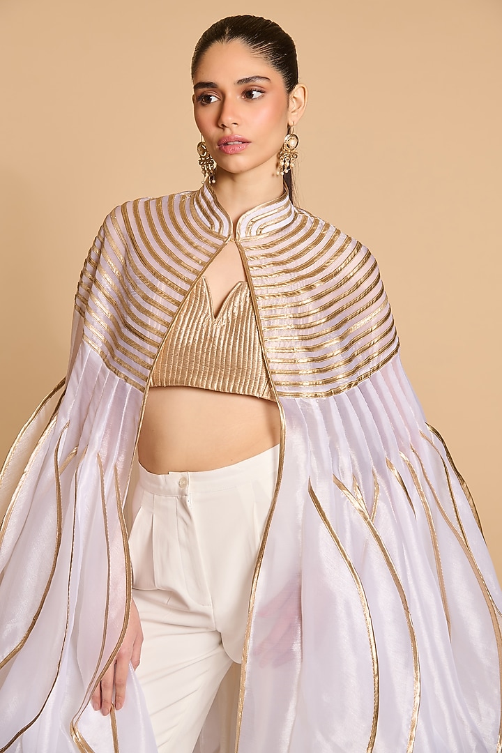 Ivory & Gold Organza Cascade Stripe Work Cape by Siddartha Tytler at Pernia's Pop Up Shop