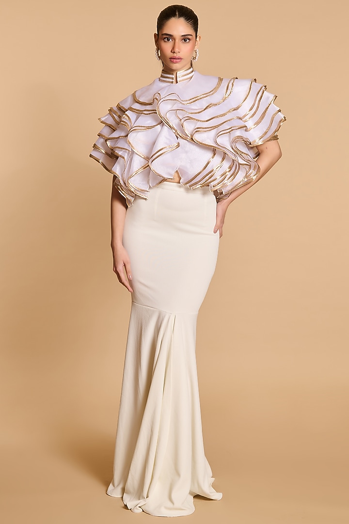 Ivory & Gold Organza Cascade Crop Jacket by Siddartha Tytler at Pernia's Pop Up Shop