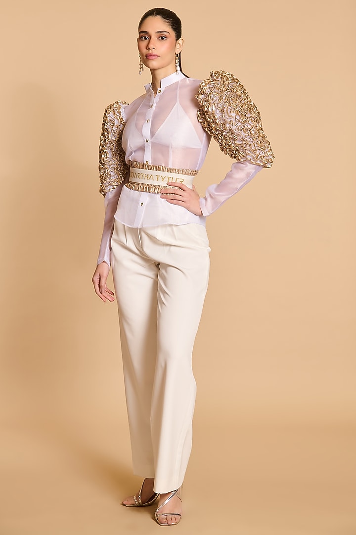 Ivory Organza Tornado Sleeves Shirt With Belt by Siddartha Tytler at Pernia's Pop Up Shop