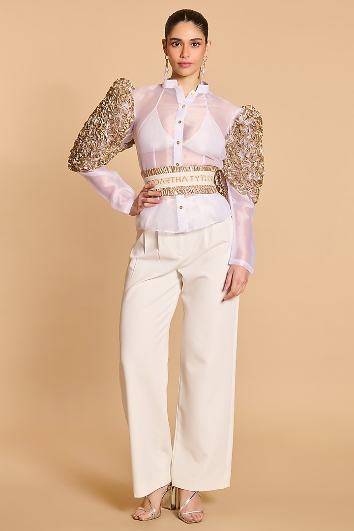 Ivory Organza Tornado Sleeves Shirt With Belt by Siddartha Tytler at Pernia's Pop Up Shop