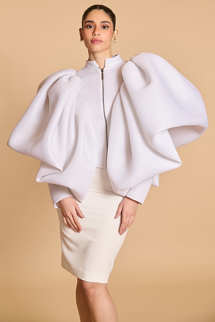 Ivory Neoprene Mesh Exaggerated Pillow Jacket by Siddartha Tytler at Pernia's Pop Up Shop