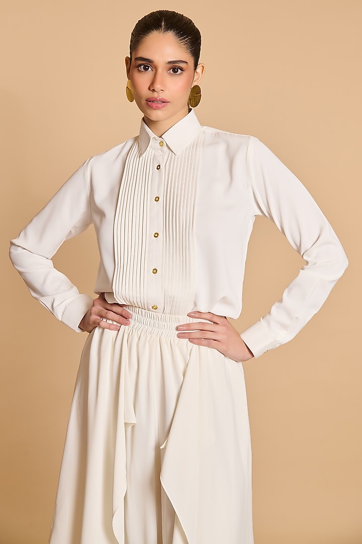 Ivory Microfiber Pintucks Shirt by Siddartha Tytler at Pernia's Pop Up Shop