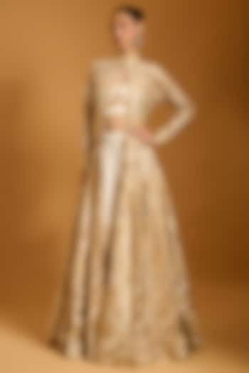 Ivory Silk Organza Applique Work Kali Anarkali Jacket Set by Siddartha Tytler at Pernia's Pop Up Shop