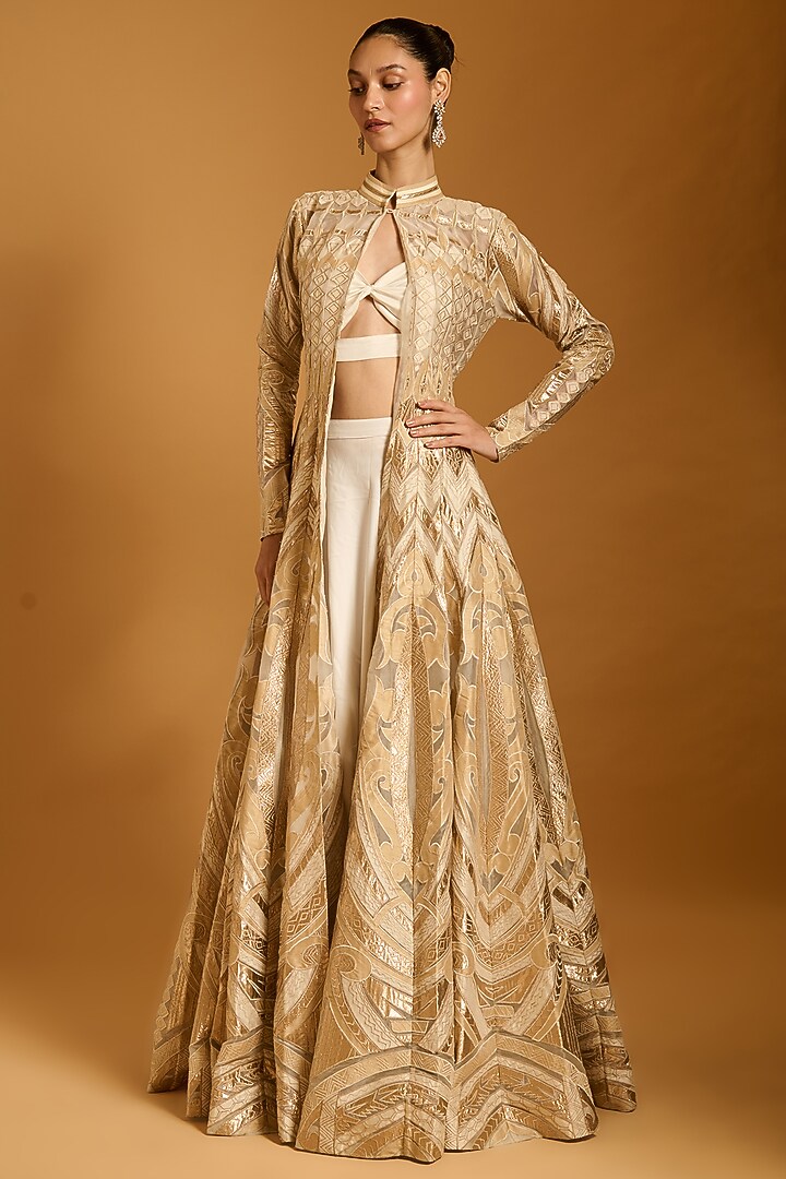 Ivory Silk Organza Applique Work Kali Anarkali Jacket Set by Siddartha Tytler at Pernia's Pop Up Shop