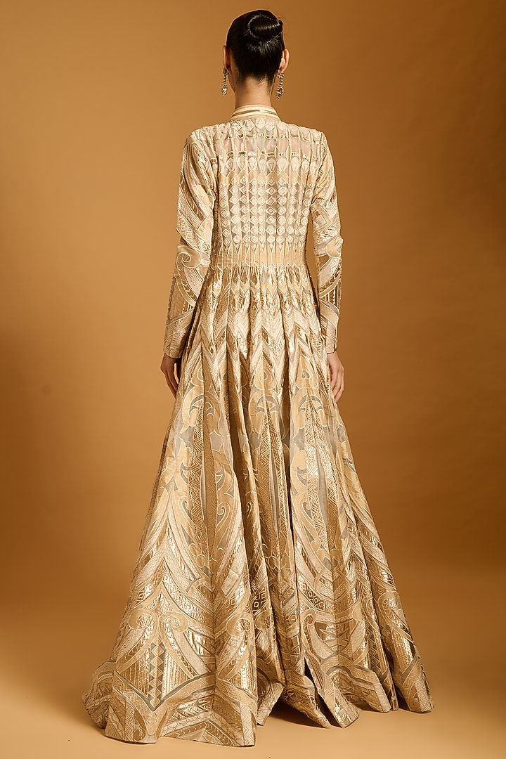 Ivory Silk Organza Applique Work Kali Anarkali Jacket Set by Siddartha Tytler at Pernia's Pop Up Shop