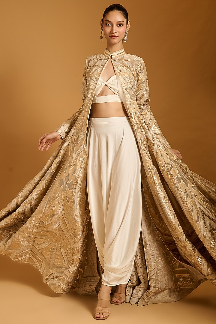 Ivory Silk Organza Applique Work Kali Anarkali Jacket Set by Siddartha Tytler at Pernia's Pop Up Shop