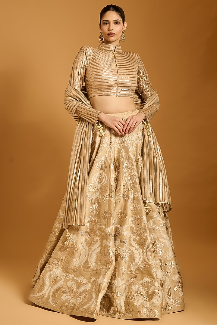 Beige Dupion Applique Work Bridal Lehenga Set by Siddartha Tytler at Pernia's Pop Up Shop