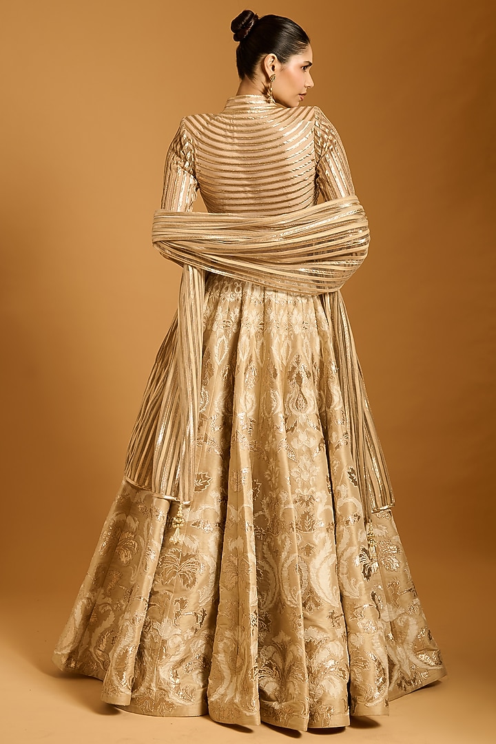Beige Dupion Applique Work Bridal Lehenga Set by Siddartha Tytler at Pernia's Pop Up Shop