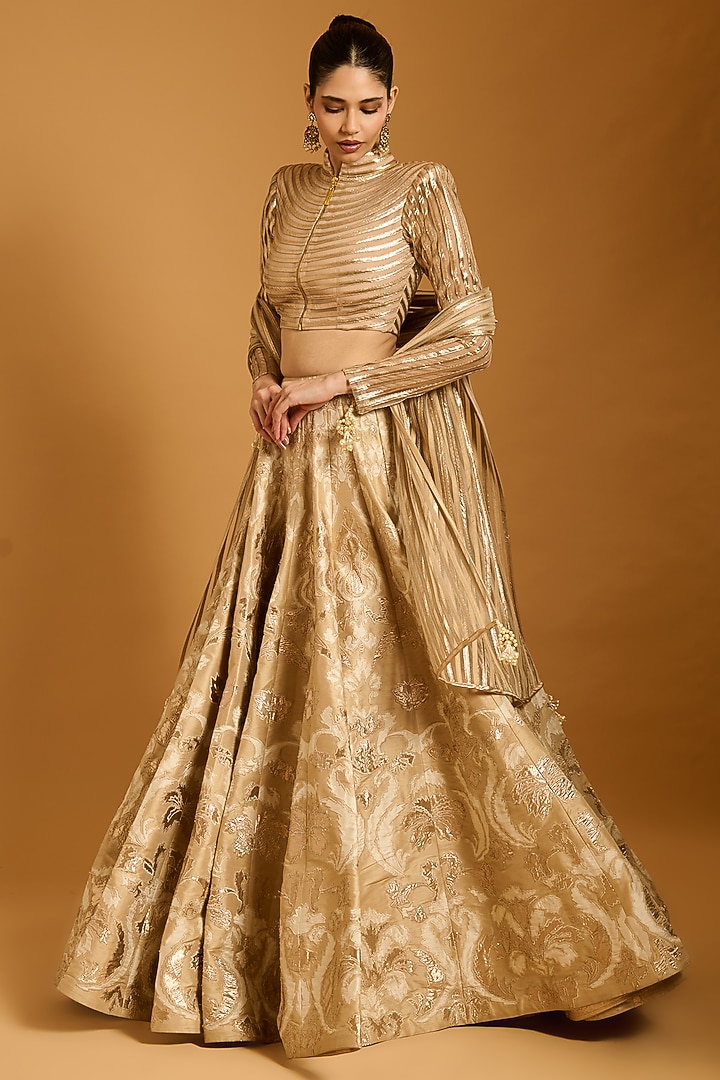 Beige Dupion Applique Work Bridal Lehenga Set by Siddartha Tytler at Pernia's Pop Up Shop