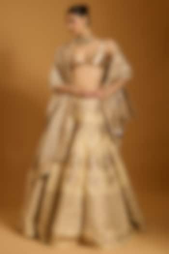 Beige Taffeta Applique Embroidered Bridal Lehenga Set by Siddartha Tytler at Pernia's Pop Up Shop