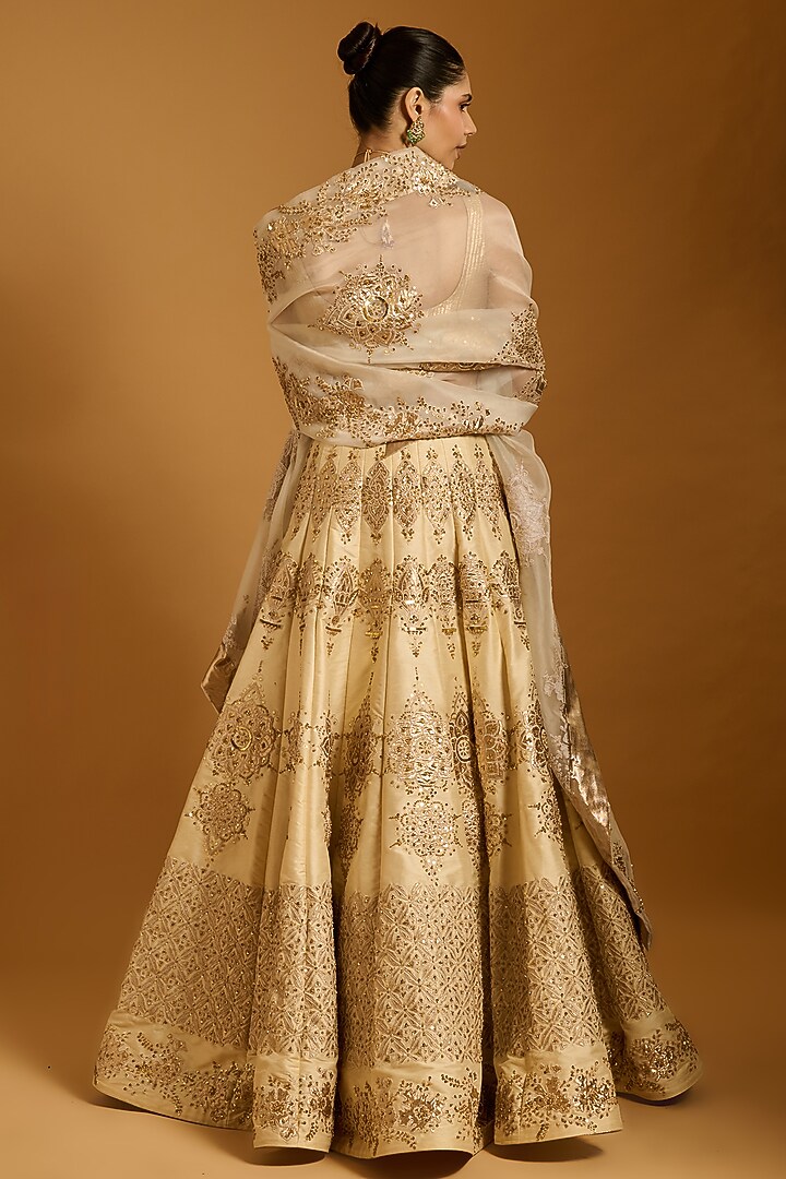 Beige Taffeta Applique Embroidered Bridal Lehenga Set by Siddartha Tytler at Pernia's Pop Up Shop