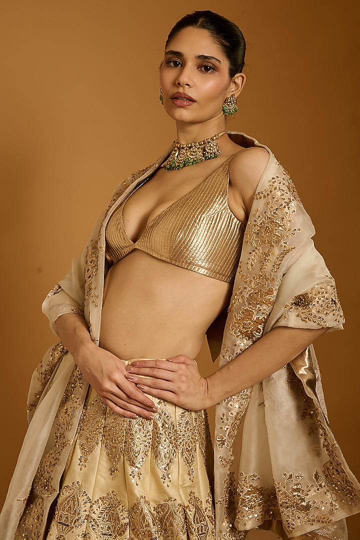 Beige Taffeta Applique Embroidered Bridal Lehenga Set by Siddartha Tytler at Pernia's Pop Up Shop
